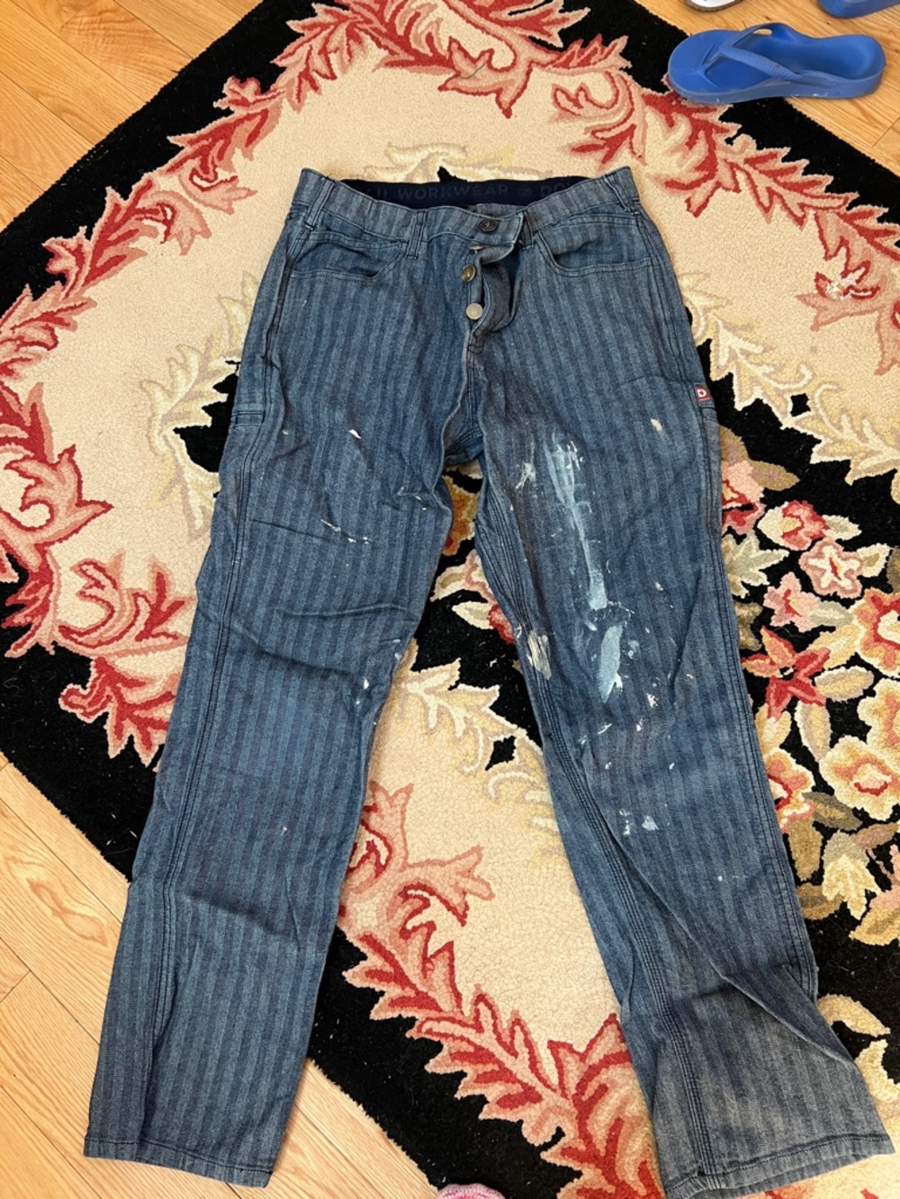 Striped Blue Work Pants with Button Fly and Paint Detail